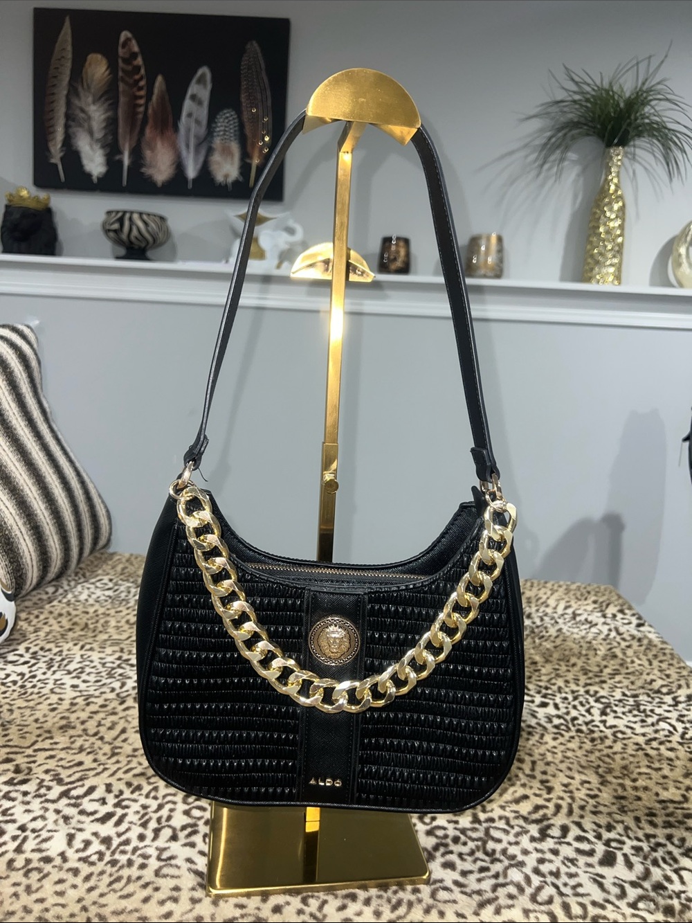 Aldo Black Shoulder Bag with Gold Chain Accent